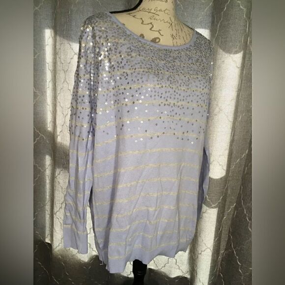 Elle Women's Long Sleeve Purple Gray Stripe Sequin Long Sleeve Sweater - XL - Picture 2 of 6